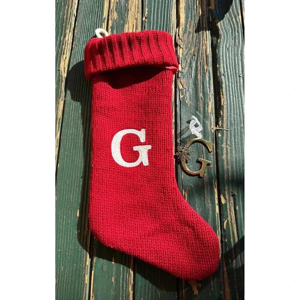 Red Knit Christmas Stocking Monogram Letter G with Gold Tone G Ornament Set